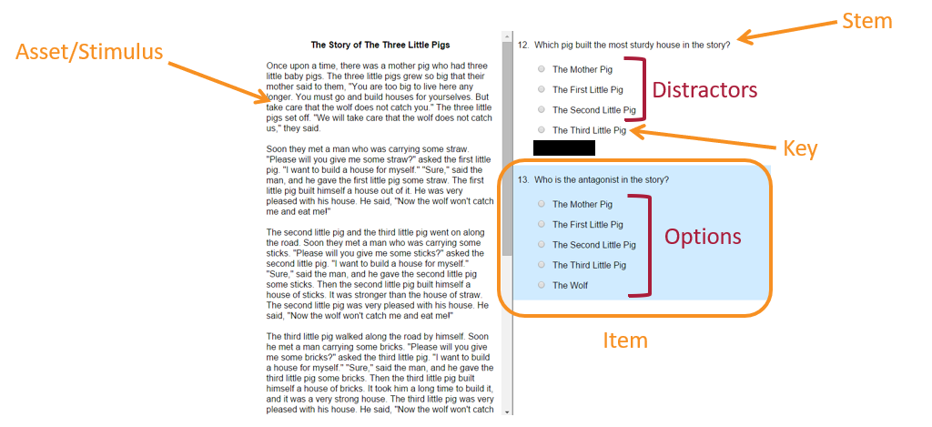 Parts of an item - stem options distractor